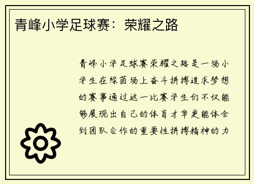 青峰小学足球赛：荣耀之路