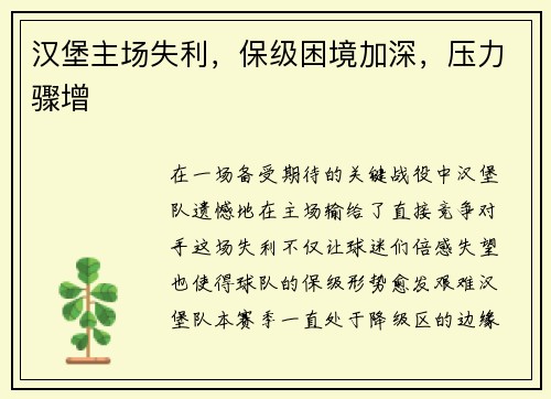 汉堡主场失利，保级困境加深，压力骤增