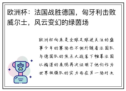 欧洲杯：法国战胜德国，匈牙利击败威尔士，风云变幻的绿茵场
