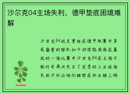 沙尔克04主场失利，德甲垫底困境难解
