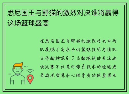 悉尼国王与野猫的激烈对决谁将赢得这场篮球盛宴