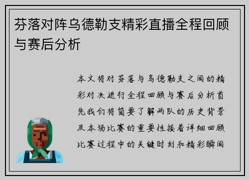 芬落对阵乌德勒支精彩直播全程回顾与赛后分析