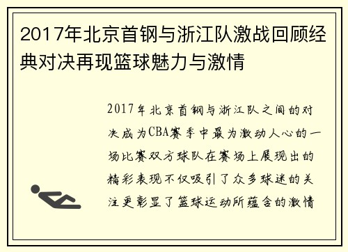 2017年北京首钢与浙江队激战回顾经典对决再现篮球魅力与激情