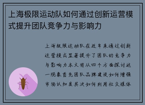上海极限运动队如何通过创新运营模式提升团队竞争力与影响力