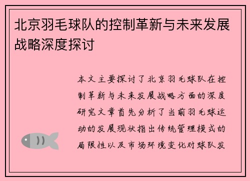 北京羽毛球队的控制革新与未来发展战略深度探讨